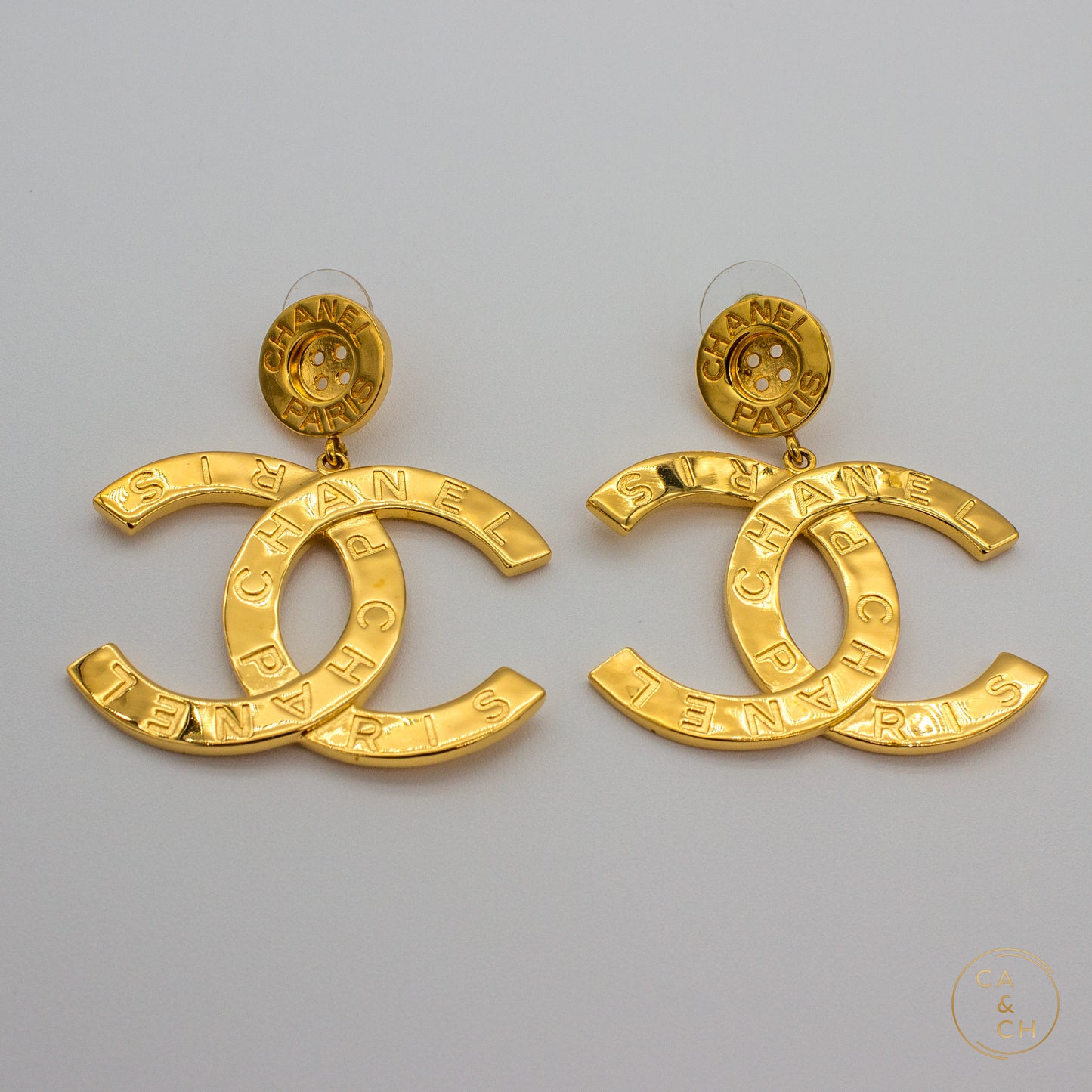 Chanel Metal Large Paris Button Drop Earrings Gold