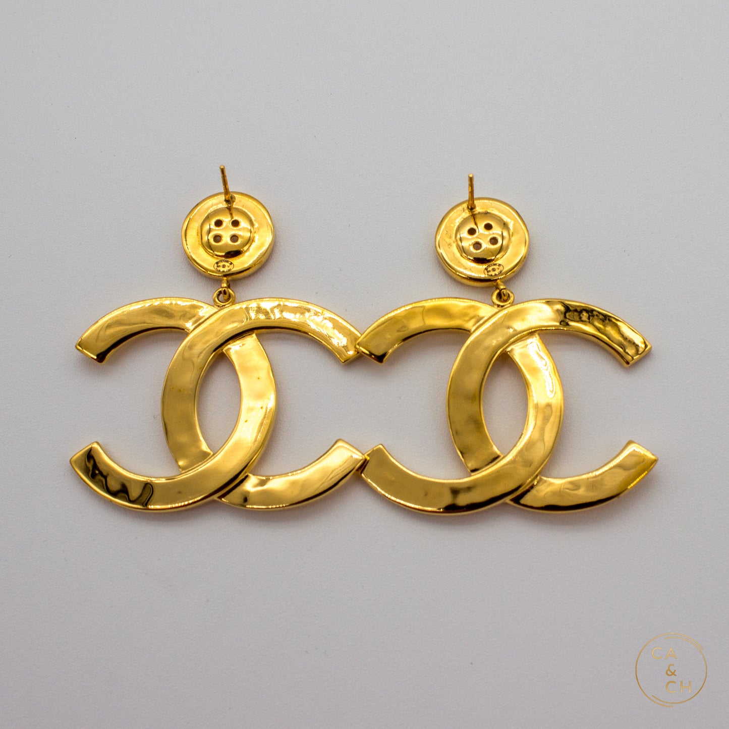 Chanel Metal Large Paris Button Drop Earrings Gold