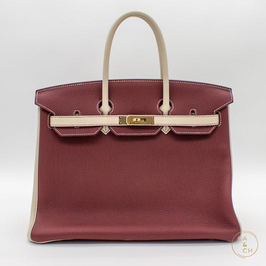 Hermès Birkin 35 Special Order in Rouge H and Béton with Gold Hardware, Z-Stamp