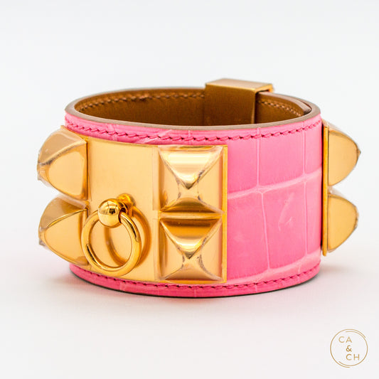 Hermès Matte Alligator Collier De Chien CDC Bracelet T3 in 5P Pink with Gold Hardware