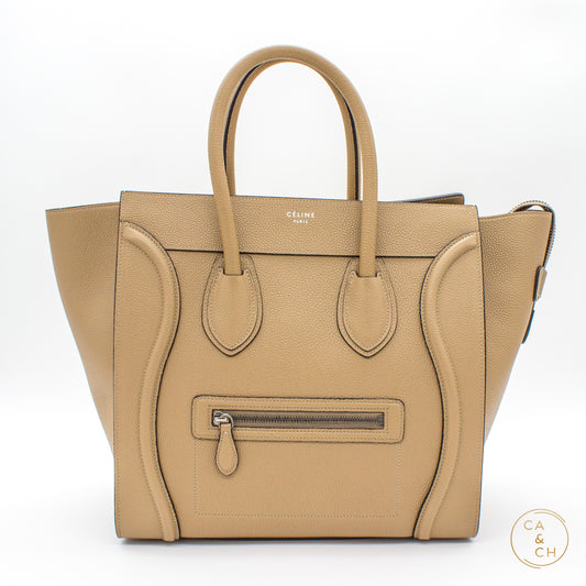 Celine Mini Luggage Handbag in Drummed Calfskin (Neutral Beige/Tan)