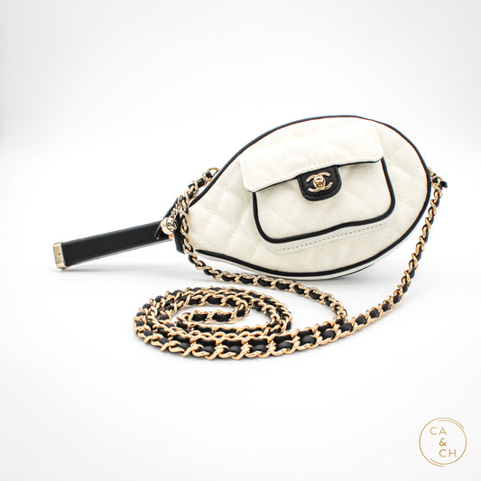 Chanel Tennis Racket 23C White and Black Strap Clutch with Chain