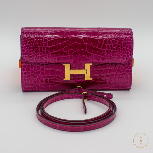 Hermès Constance To Go Wallet in Alligator Rose Pourpre with Gold Hardware