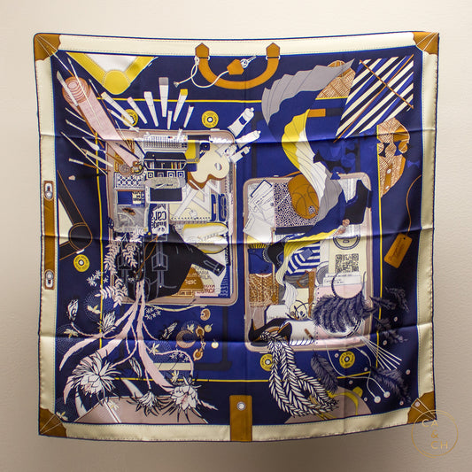 Hermès "Bagage A Main" Silk Twill Scarf 90cm - Navy/Leather