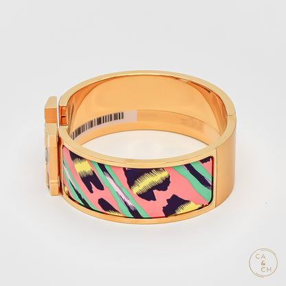 Hermès Bracelet Clic Clac Le Chat Carre Enamel Gold Plated PM Tropique