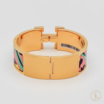 Hermès Bracelet Clic Clac Le Chat Carre Enamel Gold Plated PM Tropique