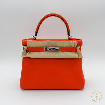 Hermès Kelly 28 Orange with Palladium Hardware in Clemence Leather Retourne U stamp