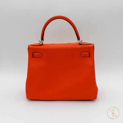 Hermès Kelly 28 Orange with Palladium Hardware in Clemence Leather Retourne U stamp