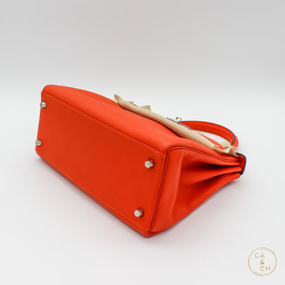 Hermès Kelly 28 Orange with Palladium Hardware in Clemence Leather Retourne U stamp