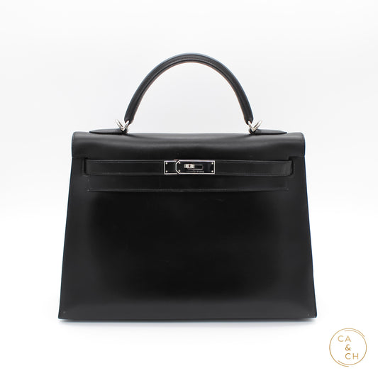 Hermes Kelly 32 Black with Palladium Hardware Box Leather - Vintage