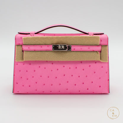 Hermès Kelly Pochette in Bubblegum Ostrich Leather with Palladium Hardware, W-Stamp (2024)