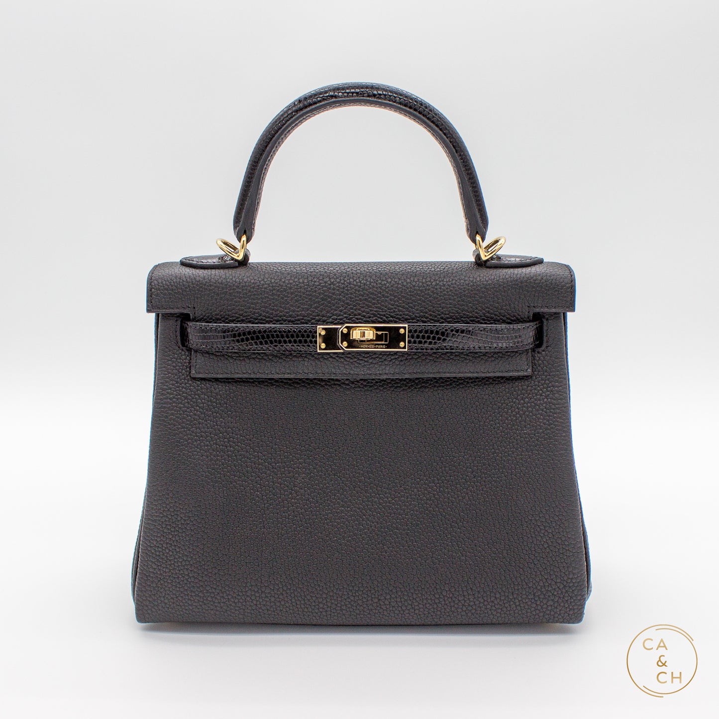 Hermès Kelly 25 Touch II Retourne in Noir with Lizard and Gold Hardware U-stamp 2023