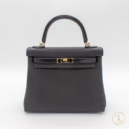 Hermès Kelly 25 Touch II Retourne in Noir with Lizard and Gold Hardware U-stamp 2023