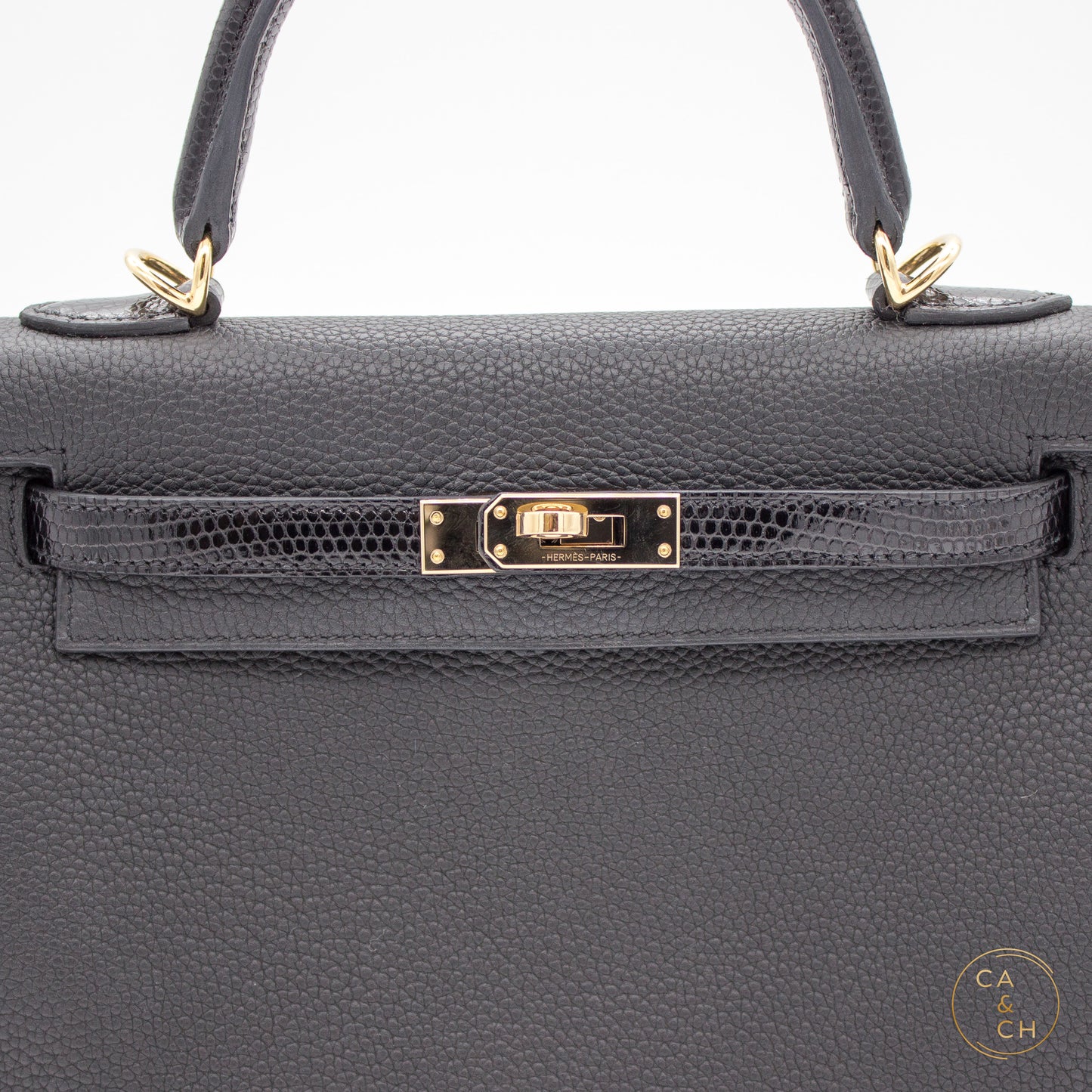 Hermès Kelly 25 Touch II Retourne in Noir with Lizard and Gold Hardware U-stamp 2023