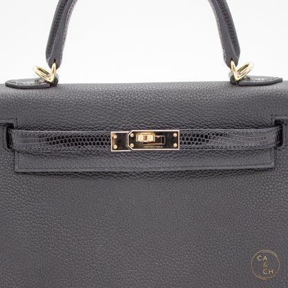 Hermès Kelly 25 Touch II Retourne in Noir with Lizard and Gold Hardware U-stamp 2023