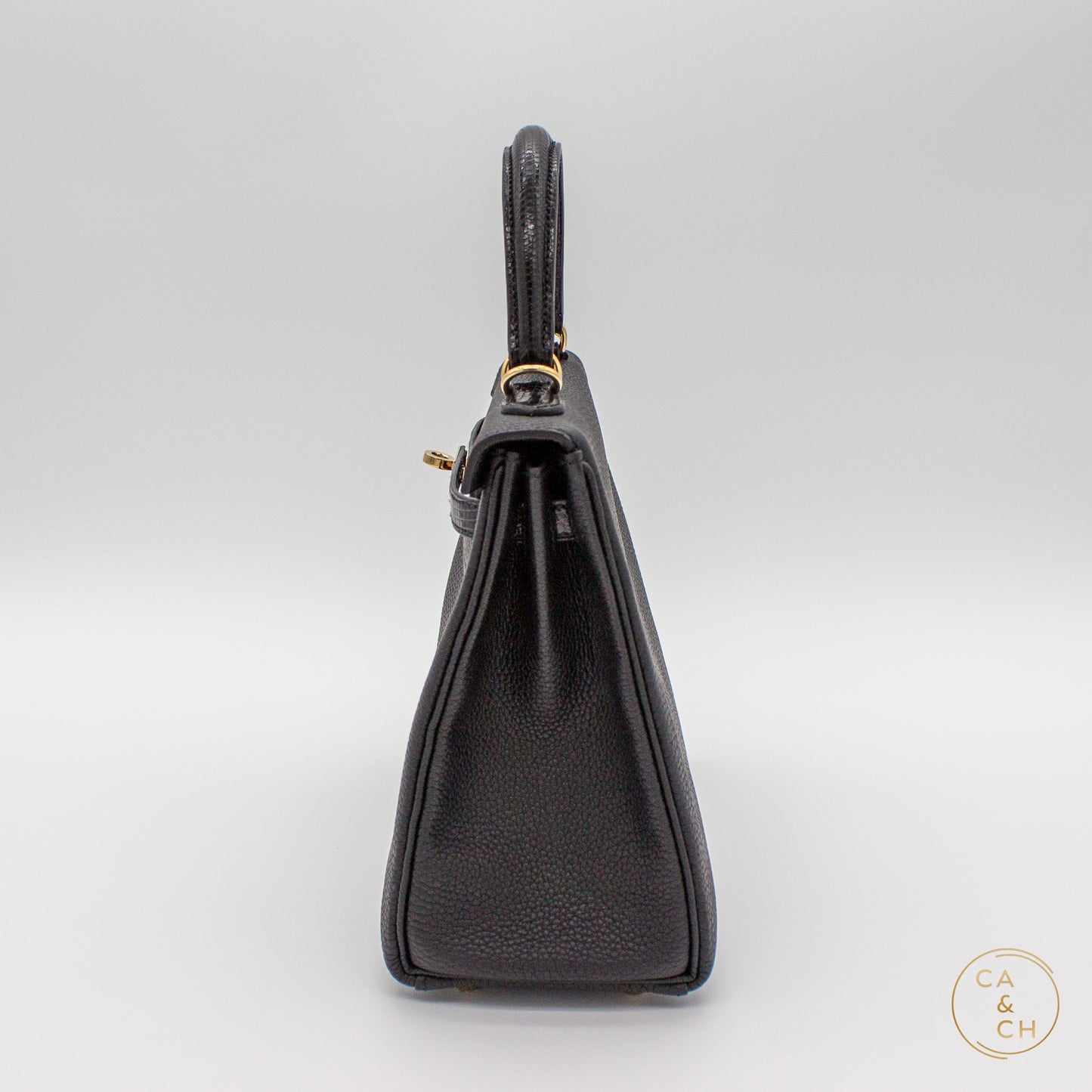 Hermès Kelly 25 Touch II Retourne in Noir with Lizard and Gold Hardware U-stamp 2023