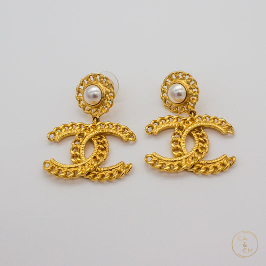 Chanel Metal Pearl CC Chain Drop Earrings Gold