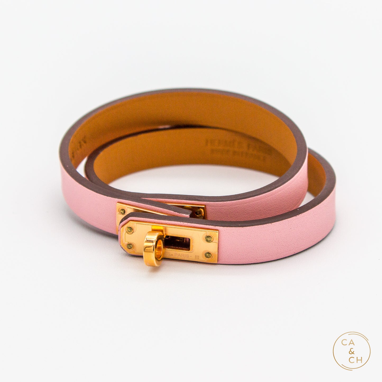 Hermès Mini Kelly Double Tour Bracelet in Rose Sakura Swift Calfskin with Gold Hardware – Size T2