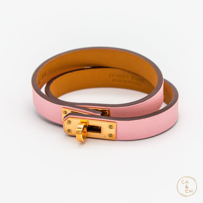 Hermès Mini Kelly Double Tour Bracelet in Rose Sakura Swift Calfskin with Gold Hardware – Size T2