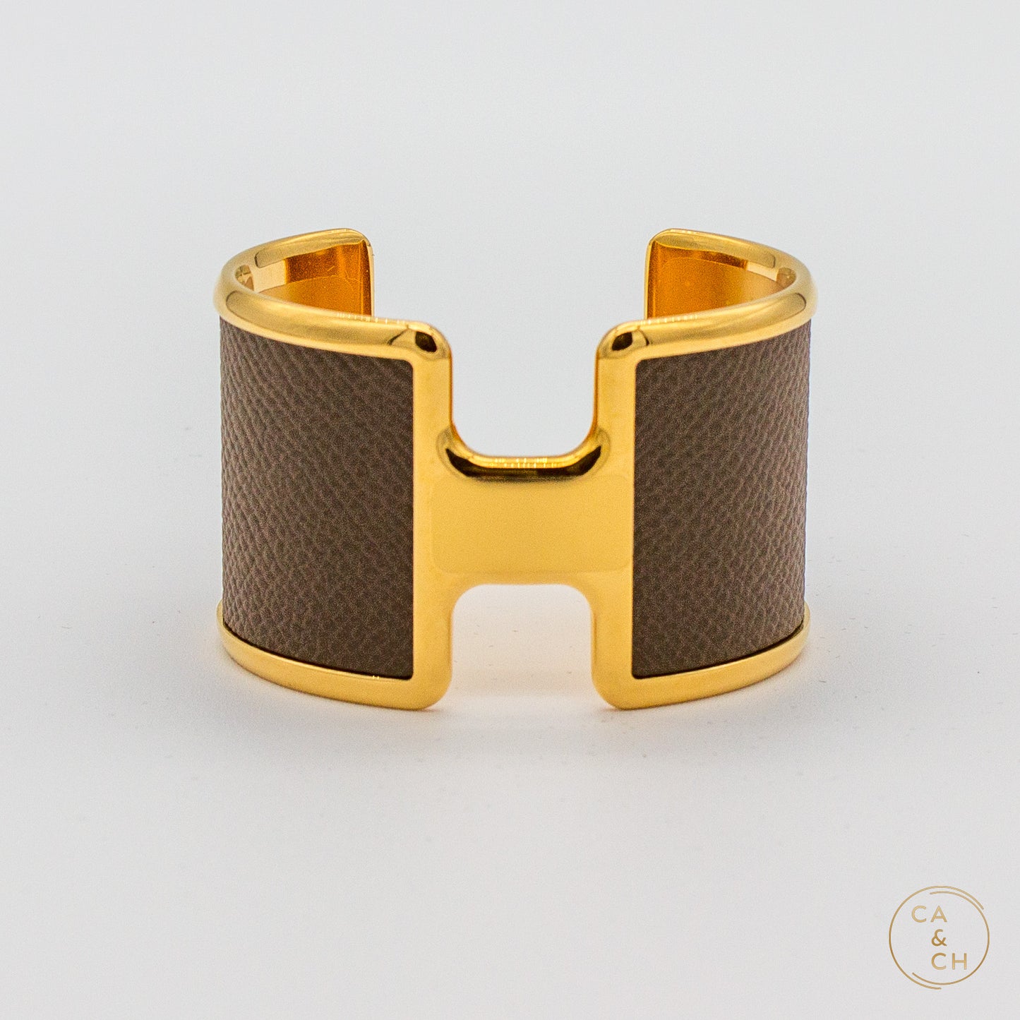 Hermès Olympe Cuff Bracelet in Box Calfskin Etoupe with Gold Hardware - Size T2
