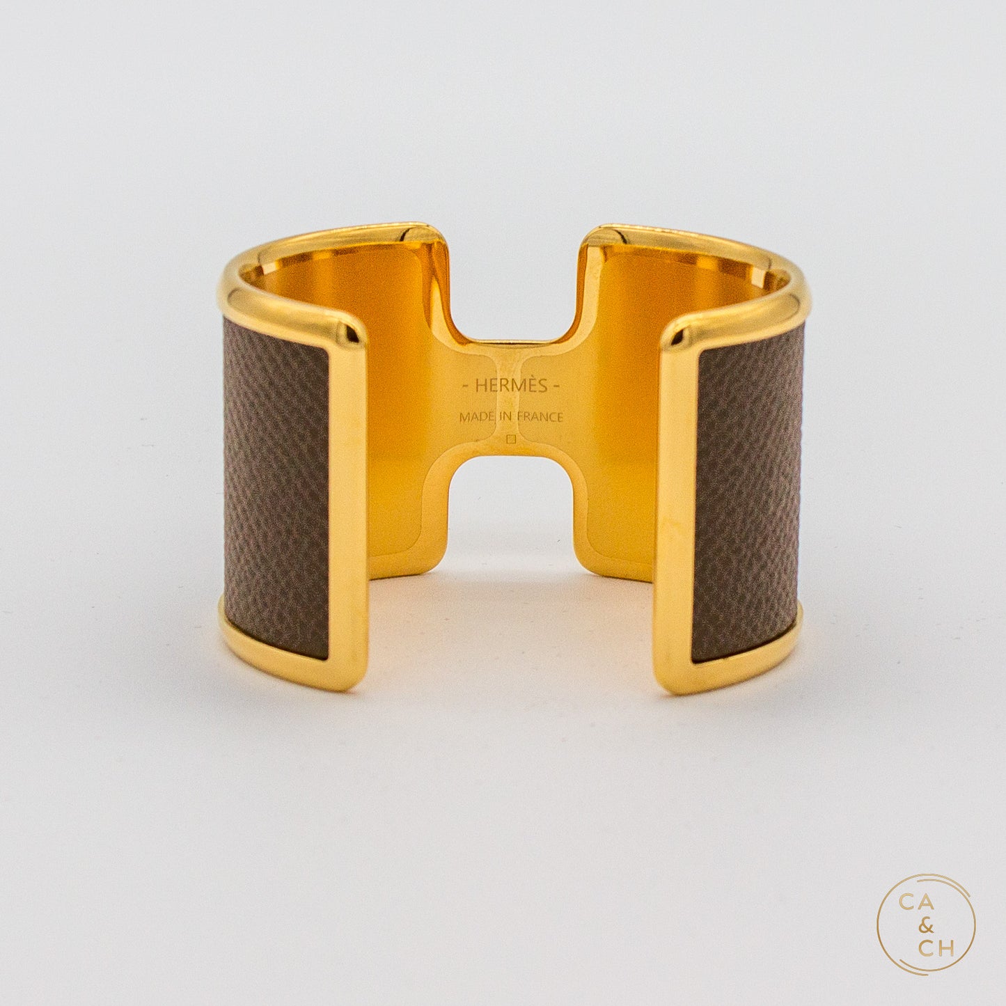 Hermès Olympe Cuff Bracelet in Box Calfskin Etoupe with Gold Hardware - Size T2