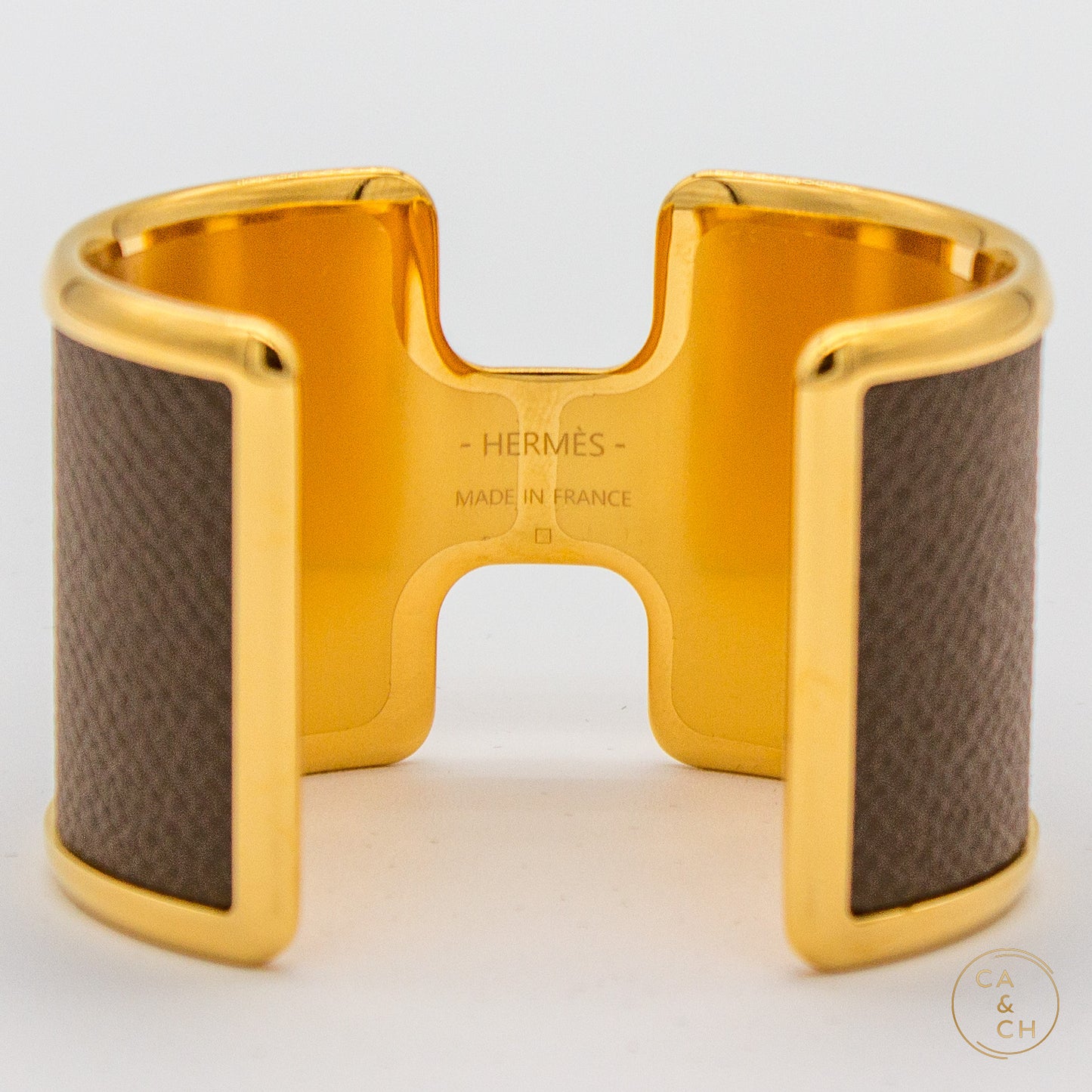 Hermès Olympe Cuff Bracelet in Box Calfskin Etoupe with Gold Hardware - Size T2