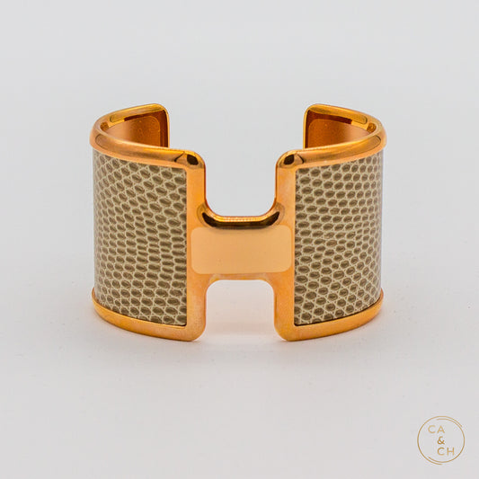 Hermès Olympe Cuff Bracelet T2 in Smooth Lizard Ficelle with Gold Hardware