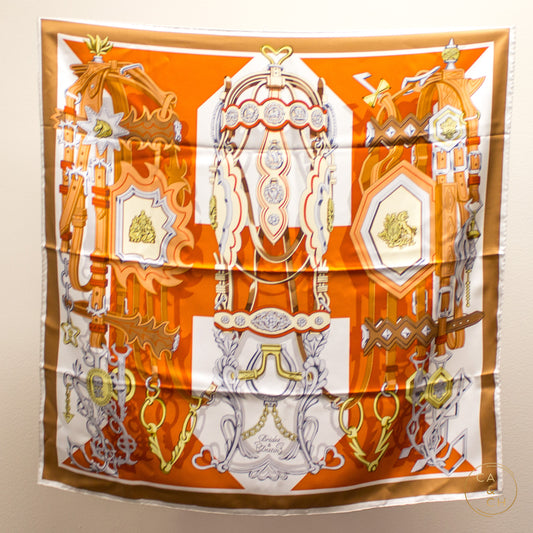 Hermès "Brides Et Destin" Silk Twill Scarf 90cm Orange Cuit / Beige / Doré