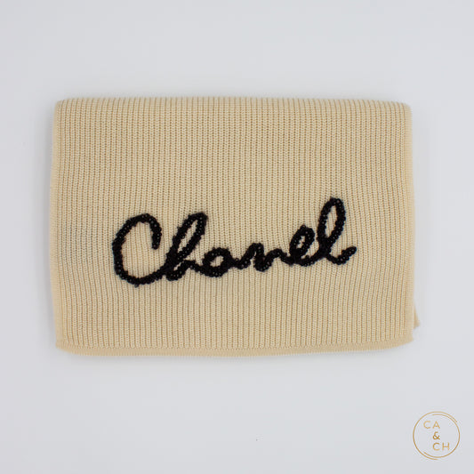 Chanel Cashmere Script Logo Scarf Cream/Light Beige with Black Lettering