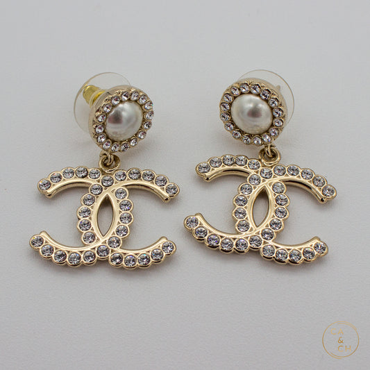 Chanel Silver Crystal Earrings with Pearl
