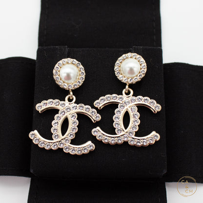 Chanel Silver Crystal Earrings with Pearl