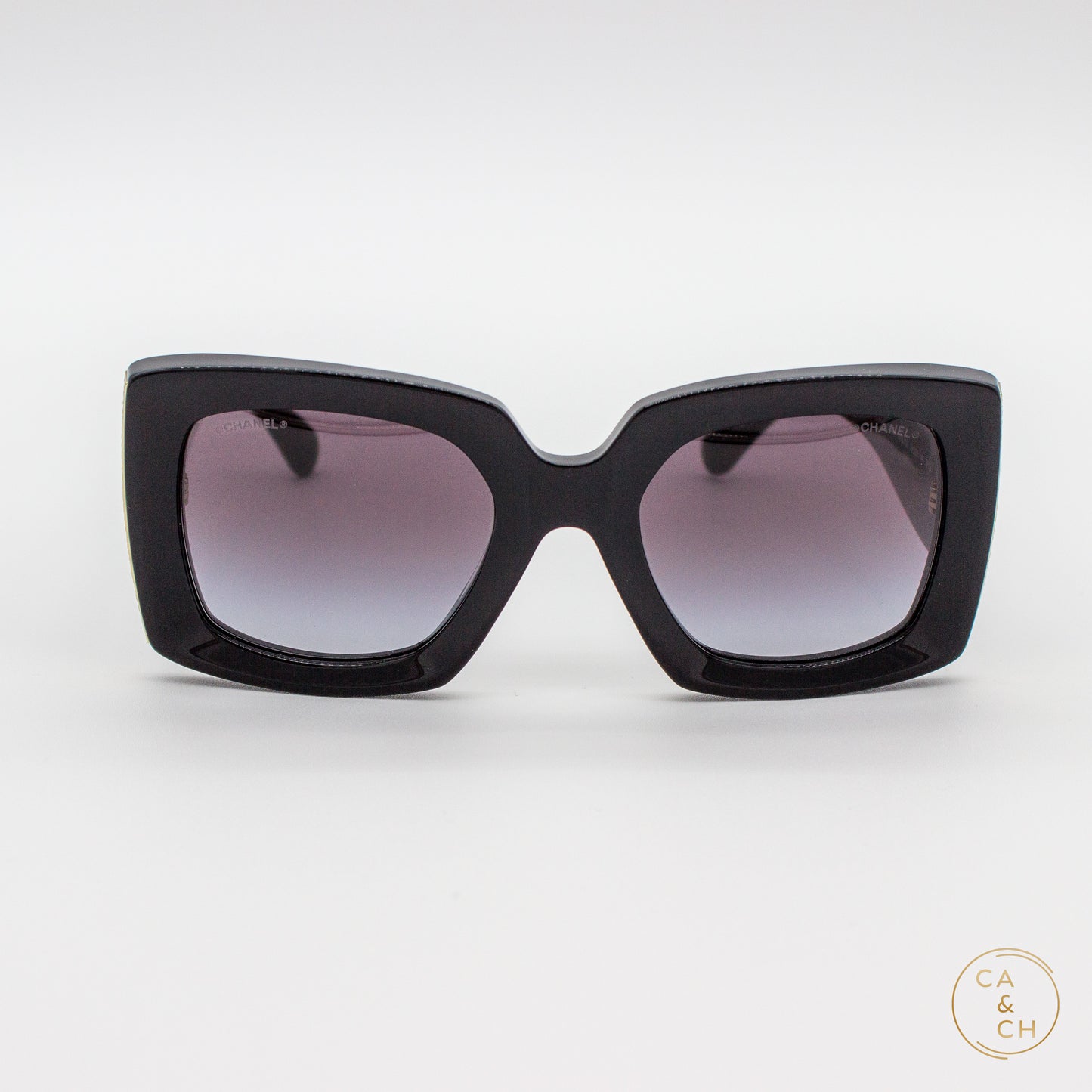 Chanel Oversized Square Butterfly Sunglasses Black with Gold Textured CC Temples