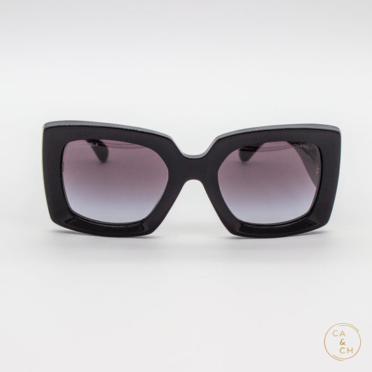Chanel Oversized Square Butterfly Sunglasses Black with Gold Textured CC Temples