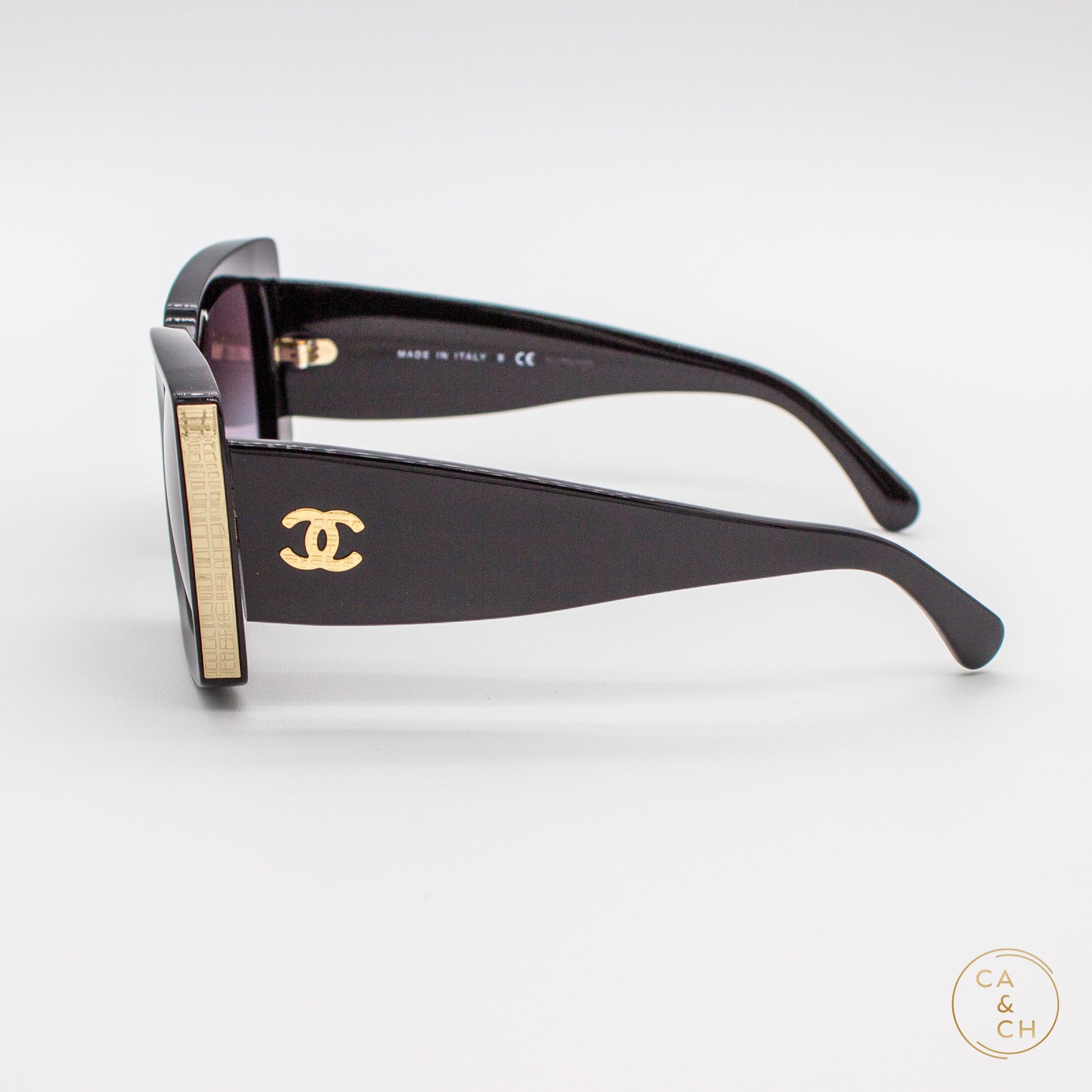 Chanel Oversized Square Butterfly Sunglasses Black with Gold Textured CC Temples