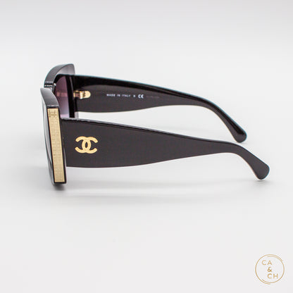 Chanel Oversized Square Butterfly Sunglasses Black with Gold Textured CC Temples
